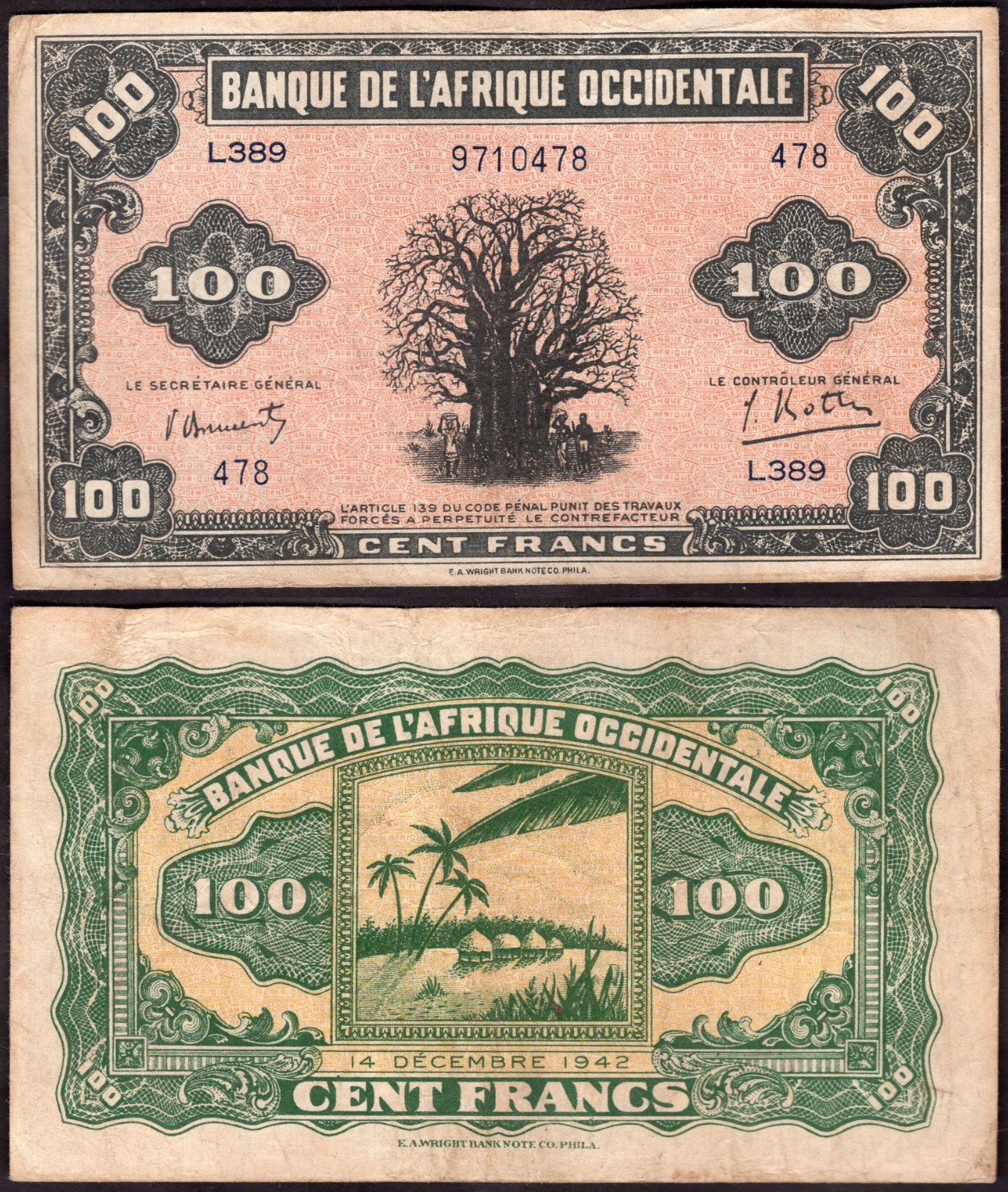 French West Africa. 100 Francs 14-12-1942 (WPM 31a)  9710478   F-VF.