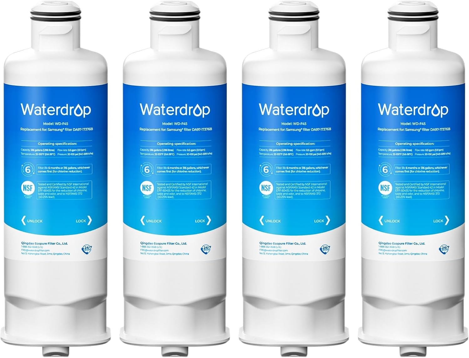 Waterdrop DA97-17376B Replacement for Samsung® Refrigerator Water Filter, 4 Pack