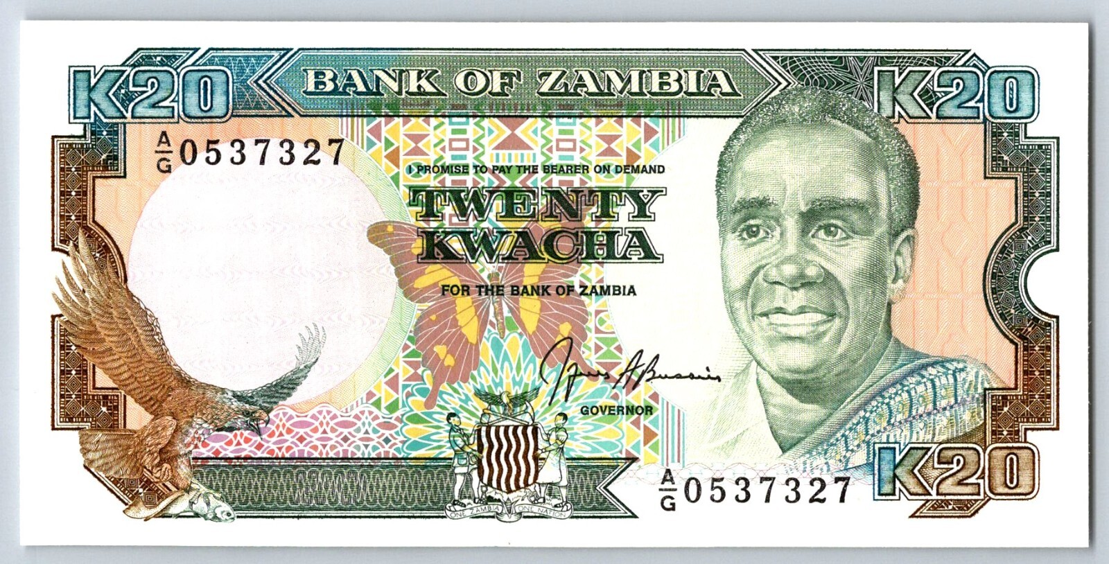 ZAMBIA 20 KWACHA 1989 BANKNOTE P32b GEM CRISP UNCIRCULATED