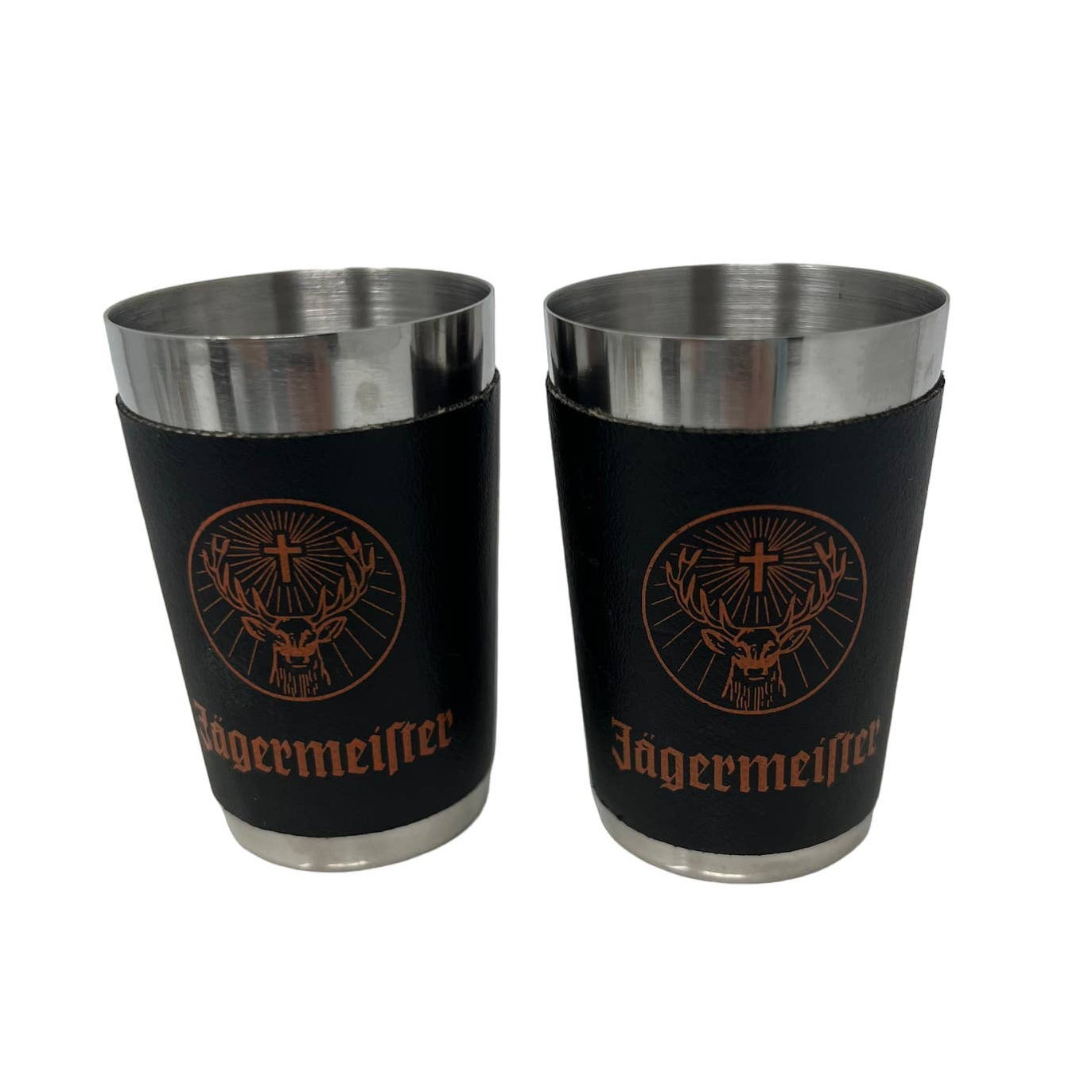Jagermeister Shot Glasses set of 2 Stainless Steel with Logo on Leather Wrap