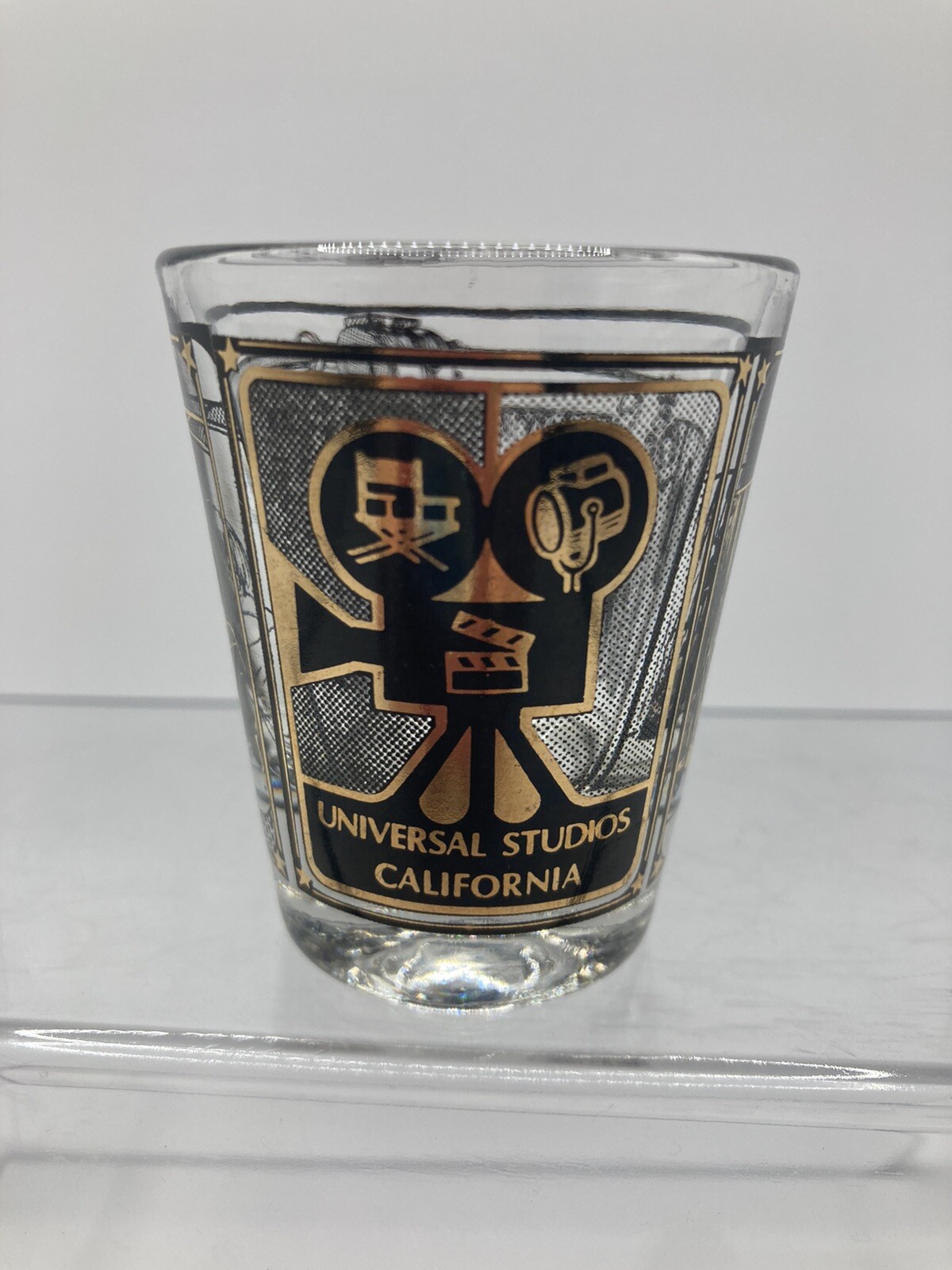 Universal Studios California Clear Black Gold Shot Glass Movies  2.25" X 2"