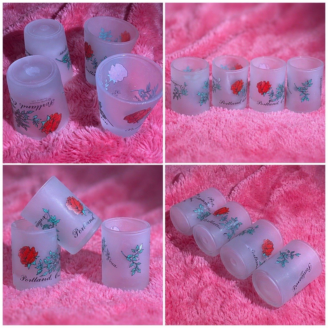 Vintage Frosted Rose Portland Shot Glass Set Painted Decorated 4-Piece