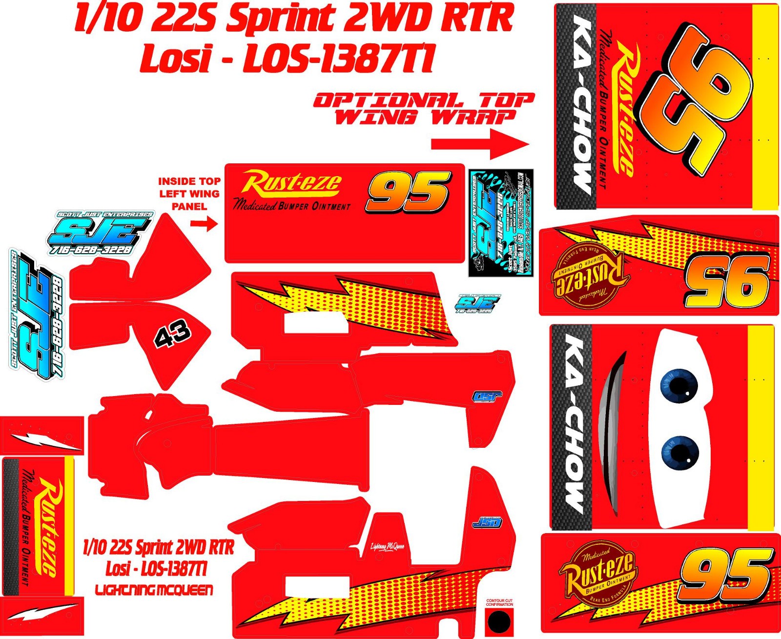 TEAM LOSI 22S  1X10 SPRINT LOS-1387T1  LIGHTNING MCQUEEN DECAL WRAP KIT