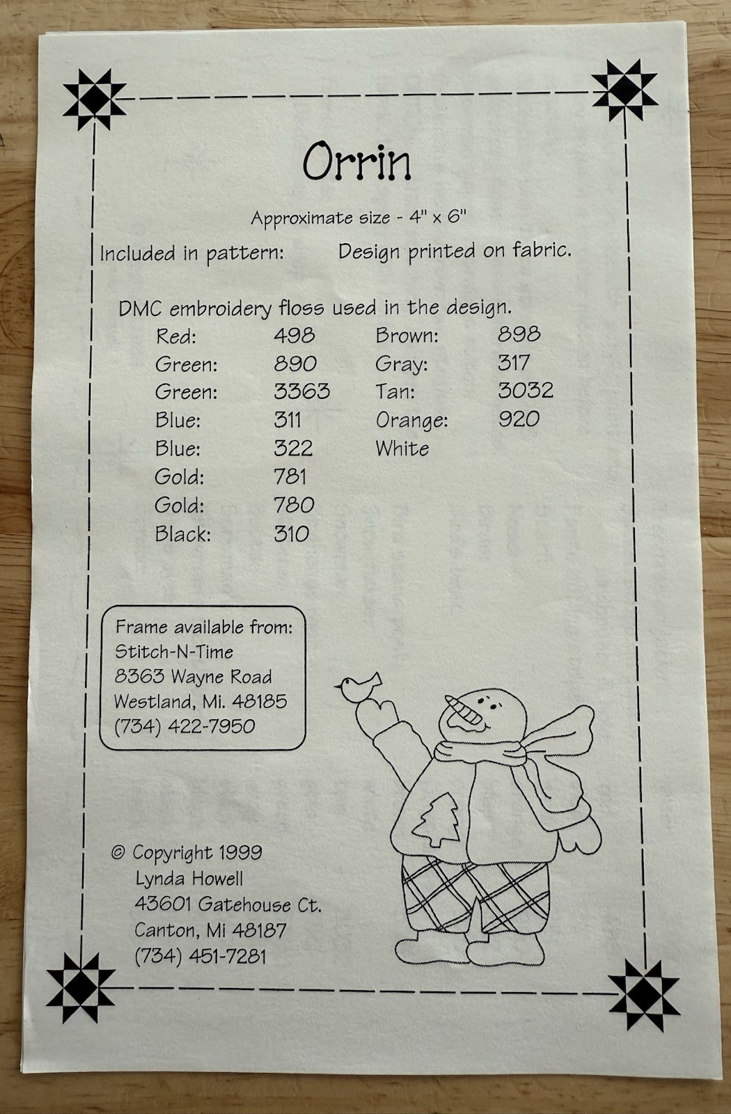 The Stitch Connection 4”x6” ORRIN Embroidery Pattern & Pre Printed Cloth