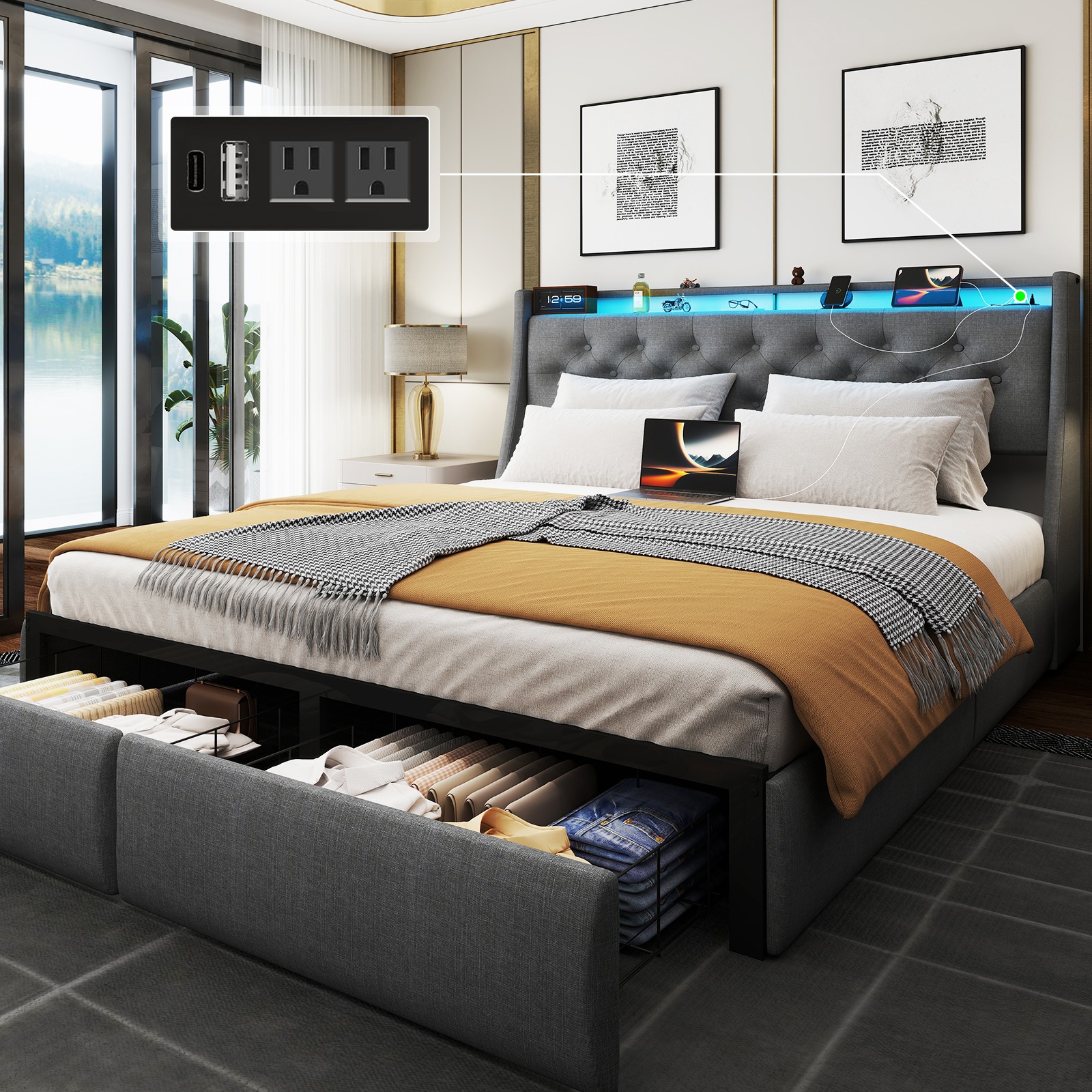 Queen Full Size Bed Frame with 2 Storage Drawers, Charging Station and LED Light