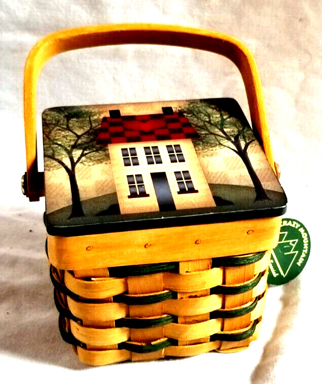 NWT Crazy Mountain 4” Square Sewing Gift Basket Woven Wood Country Love Cottage