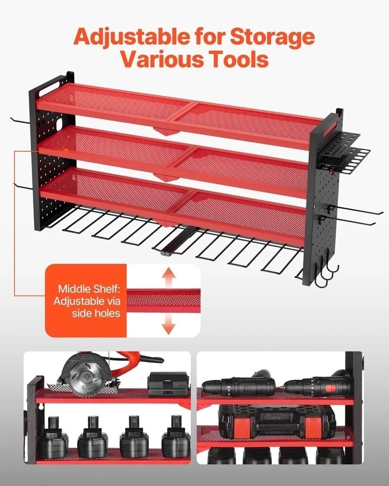 Power Tool Organizer Wall Mount 4-Layer Drill Storage Rack 8 Drill Holders