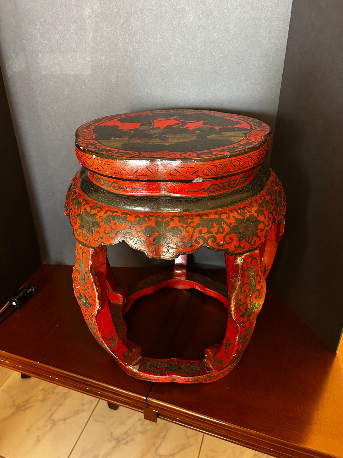 Antique 1920s Ming Dynasty Style Stool Black and Red Lacquer