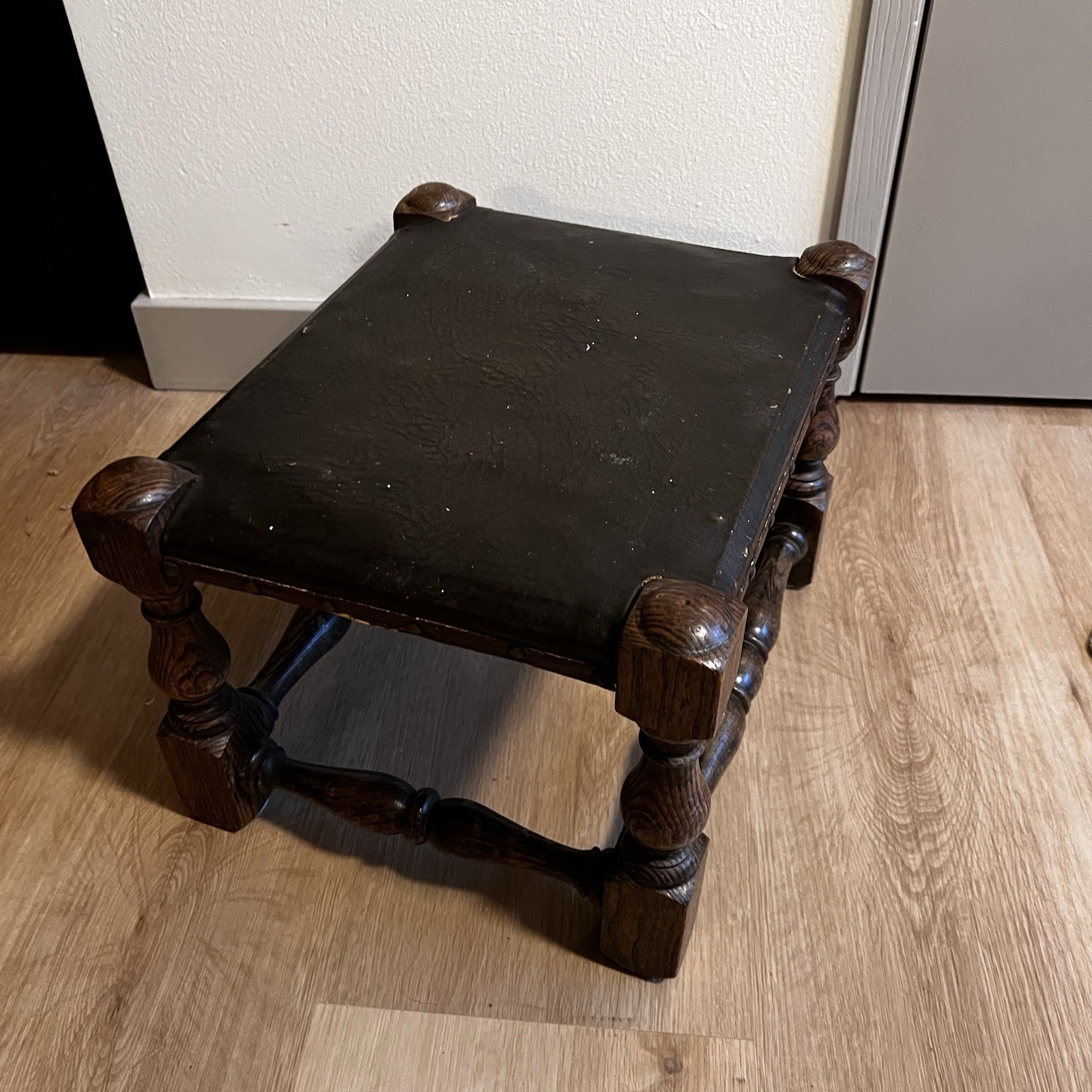 Antique Victorian Handmade Leather Oak Footstool, Footrest