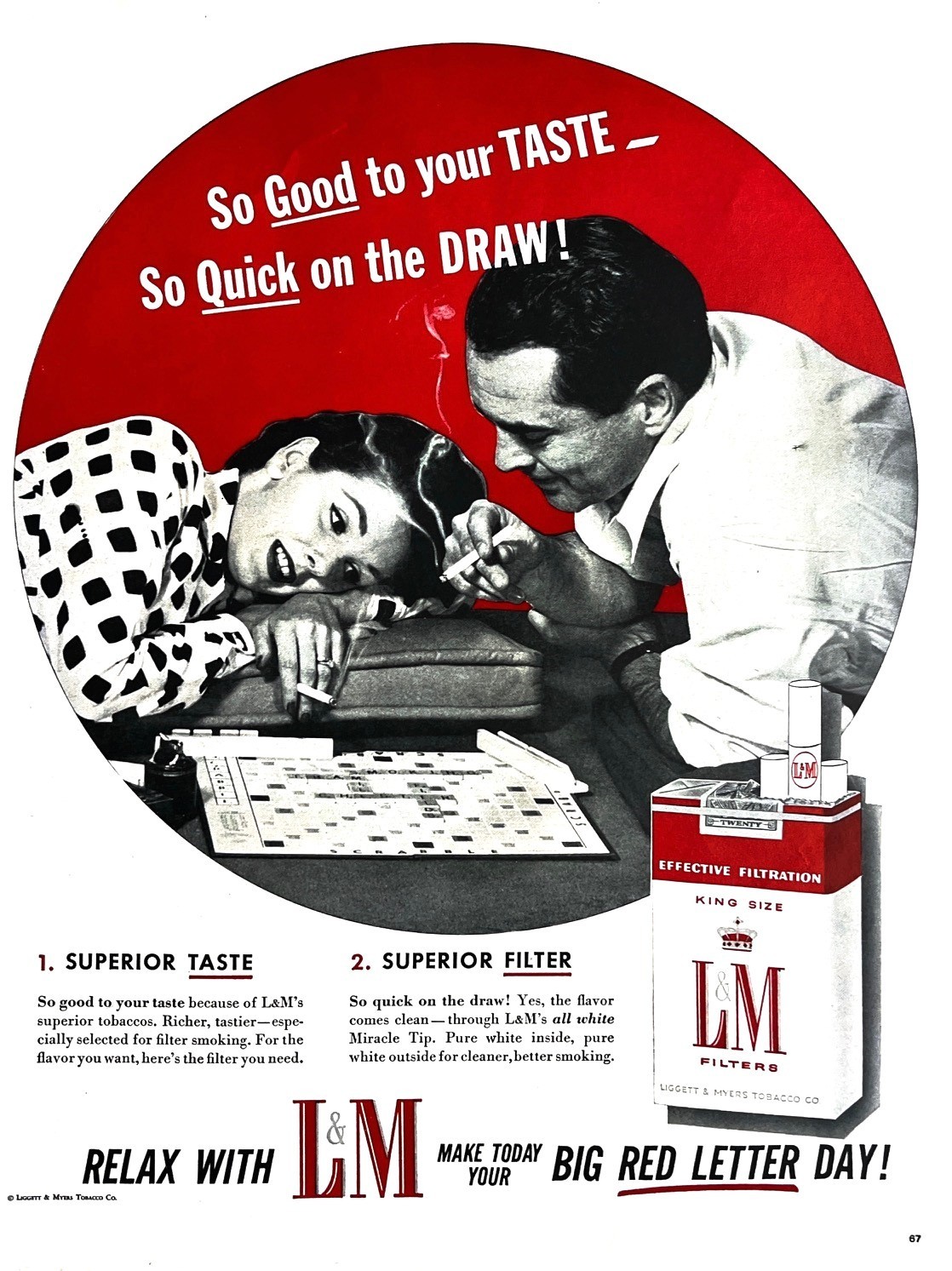 1956 L&M Genuine Vintage Print Advertisement Cigarettes Scrabble Game Crossword