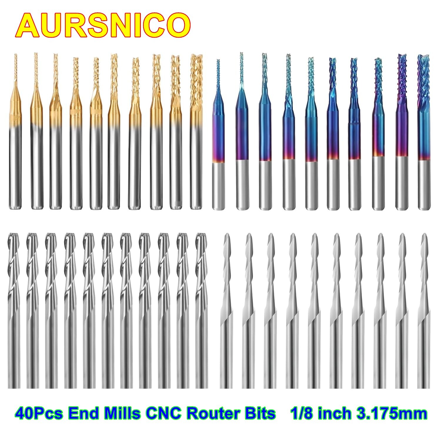 1/8'' Shank CNC Router Bit End Mill Engraving Bits Milling Cutter Carbide 40 Pcs