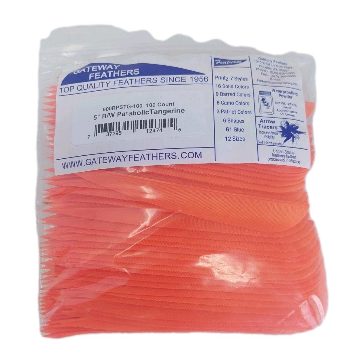 100 Pack Gateway Feathers 5" Right Wing: Parabolic Tangerine Orange 500RPSTG-100
