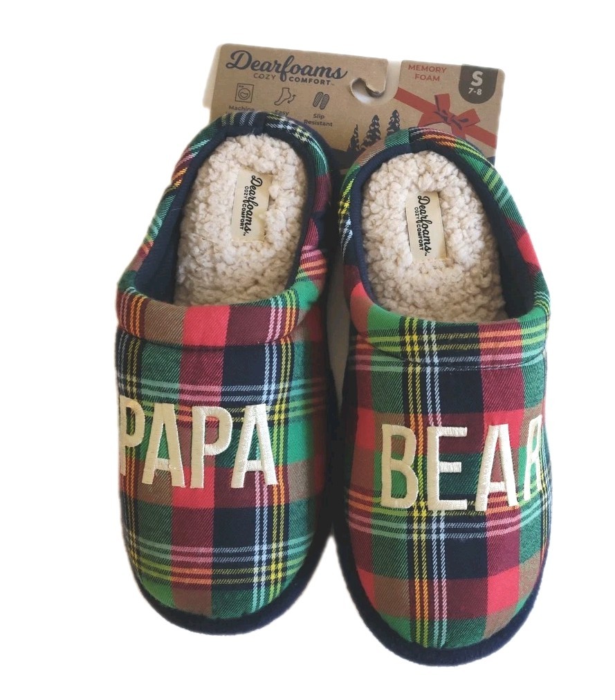 Size Small 7/8 Men's Papa bear Slippers Dearfiams Memory Foam Plaid Xmas