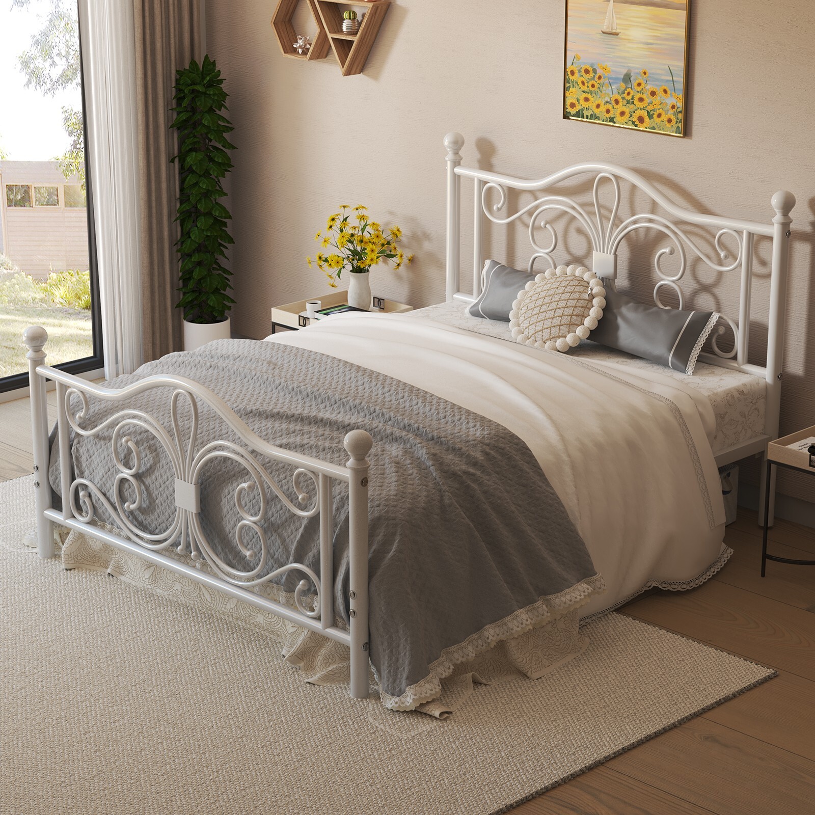 Queen Size Bed Frame with Butterfly Pattern Design Strong Metal Slats Support