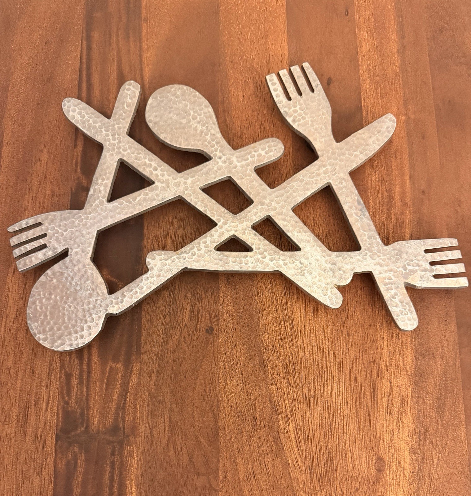 Vintage Hammered Aluminum Trivet Forks Spoons Knives Design Footed