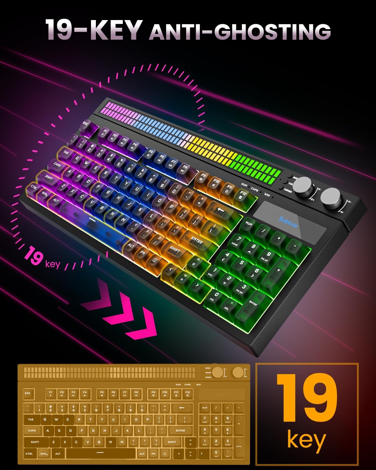 Quiet Gaming Keyboard with Sound-Sync RGB LED Display, 94-Key Wired PC Gaming Ke