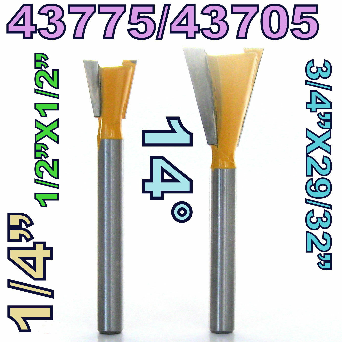 2 pc 1/4" Sh. 14° Dovetail Router Bit Set For Omni jig (43775+43705)  S