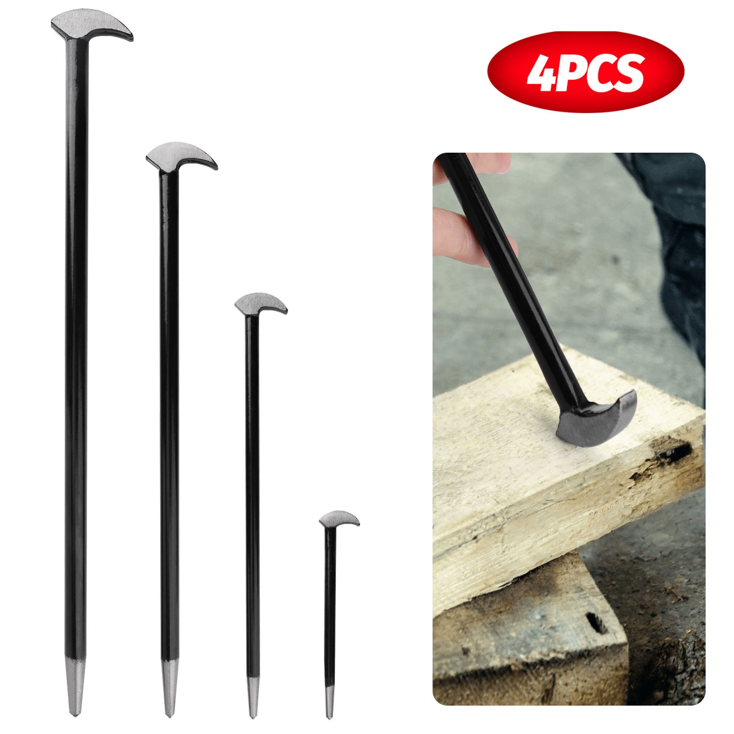 4 PCS Rolling Head Pry Bar Set 6-20 Inch Carbon Steel Lady-foot Bar Heel Pry Bar