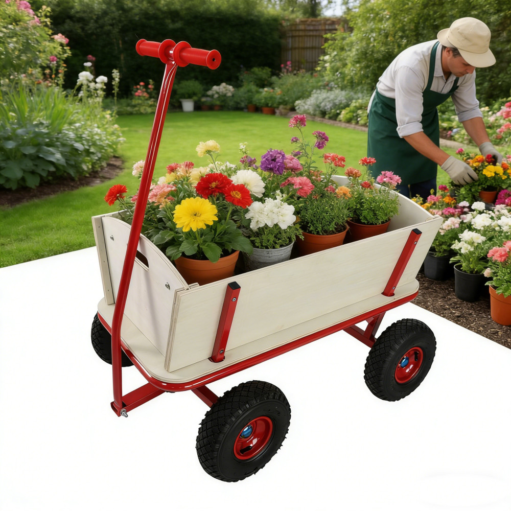Kids Wooden Toy Wagon Red Outdoor Hauler - 260 lbs Load Capacity