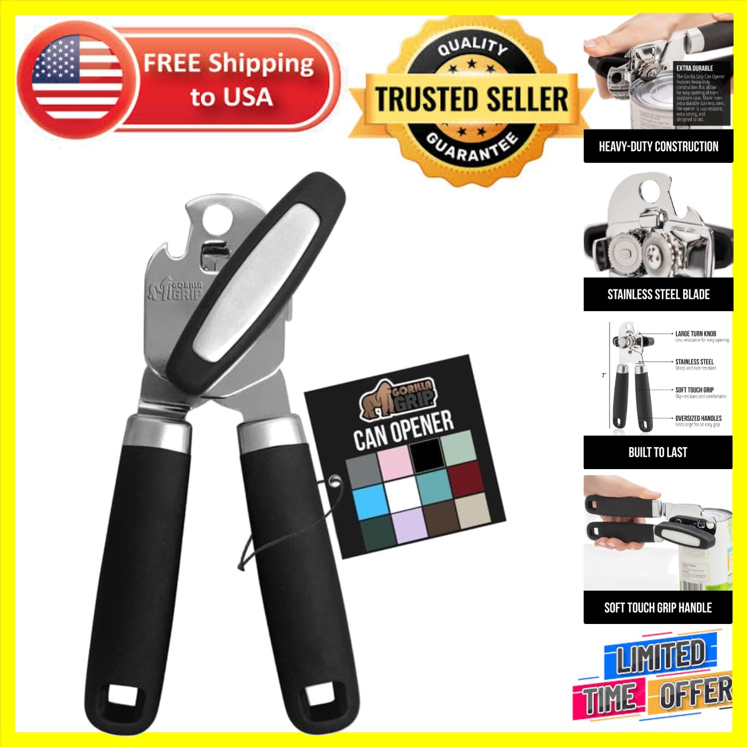 Ergonomic Stainless Steel Smooth Edge Can Opener with Built-In Bottle Opener