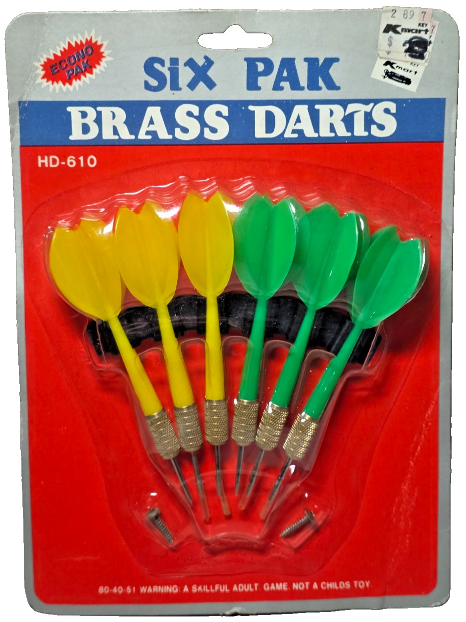 Vintage Kmart New Old Stock Yellow and Green 6 Pack Brass Darts Set with Mount