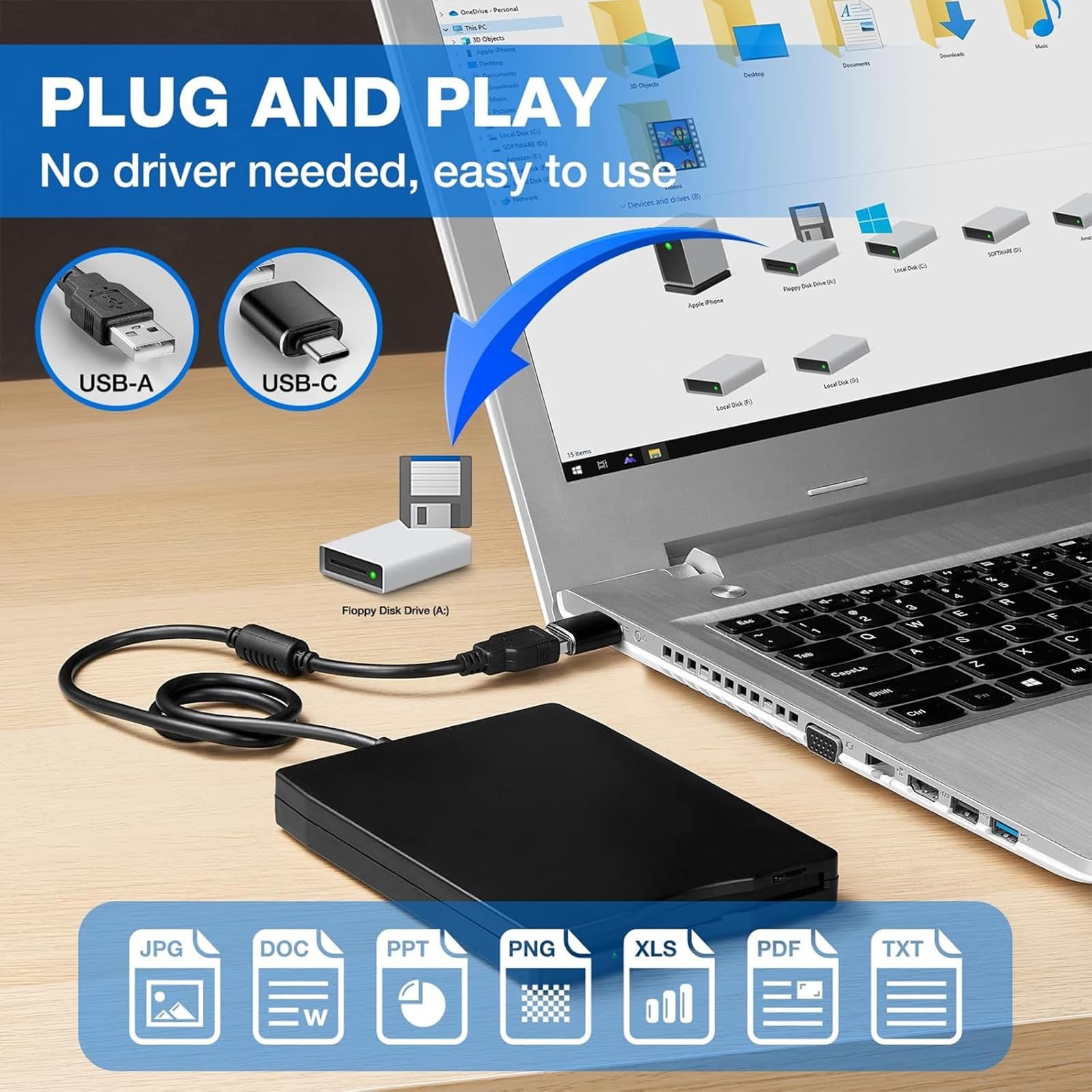 Floppy Disk Reader, 3.5 inch USB External Floppy Drive for PC/Laptop and Desk...