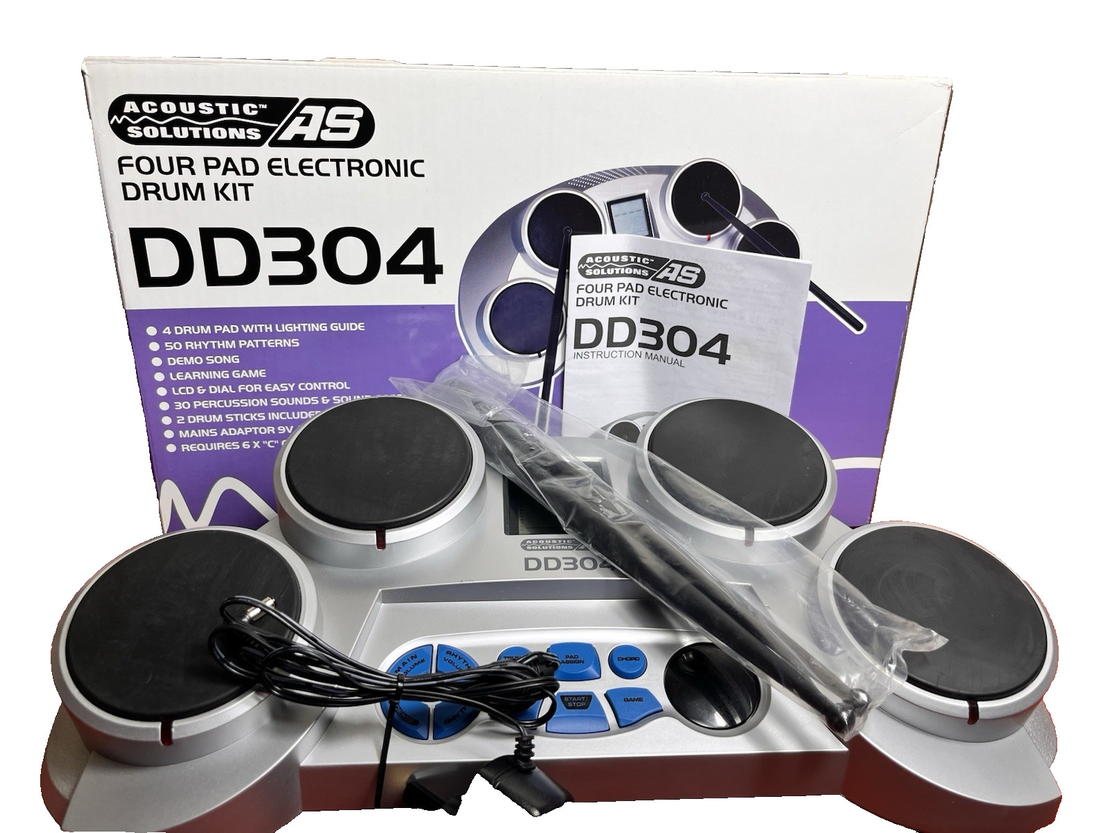 Acoustic Solutions DD304 Four Pad Electronic Drum Kit - New Sticks