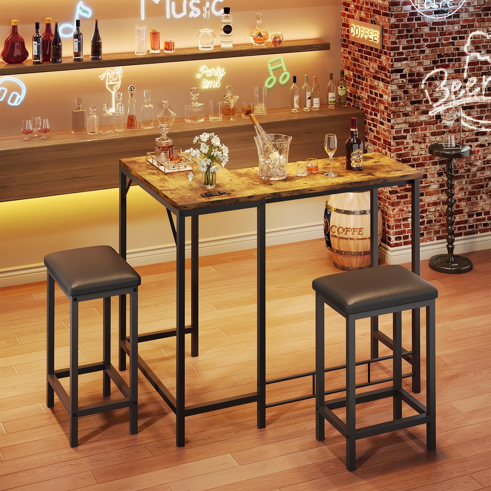 63" L-Shaped Convertible Bar Table Set w/Power Outlets, Counter Height Pub Table