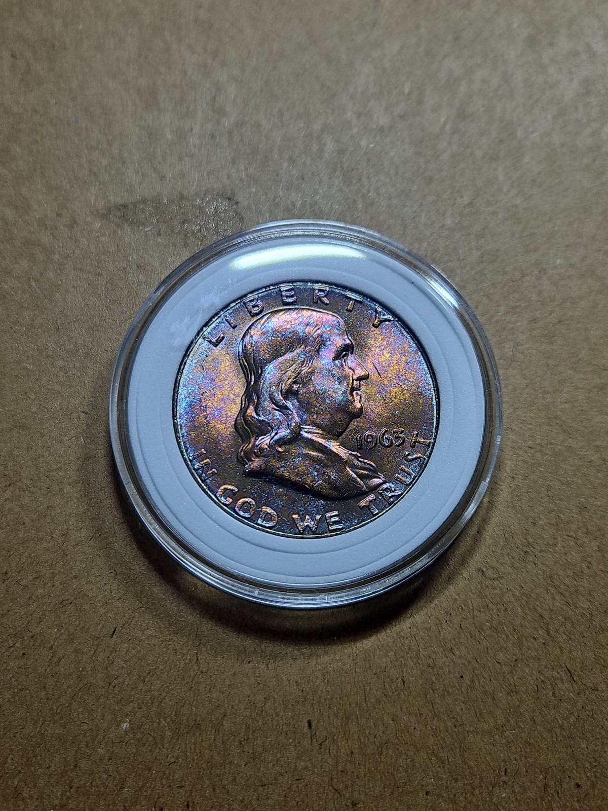 1963-P 90% Silver Franklin Half Dollar With Rainbow Toning!