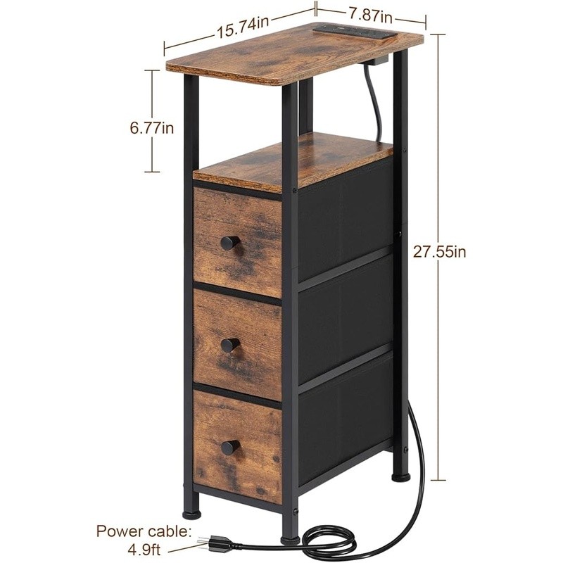 Slim End Table W/ Charging Station USB Ports Storage Drawers Small Spaces