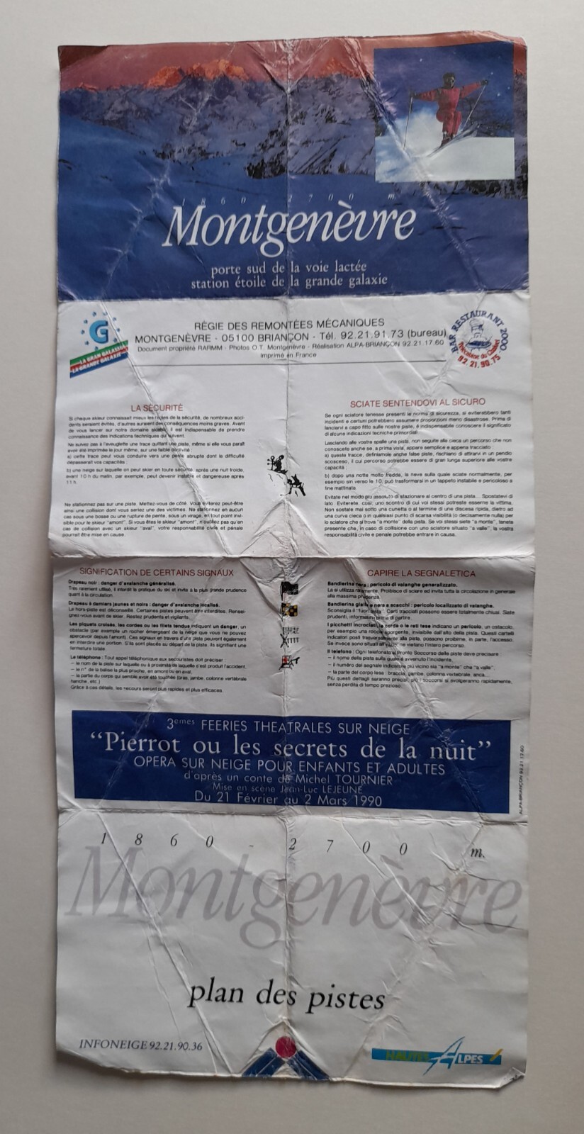 Montgenevre Ski Piste Map France 1990 Significant wear and creasing.