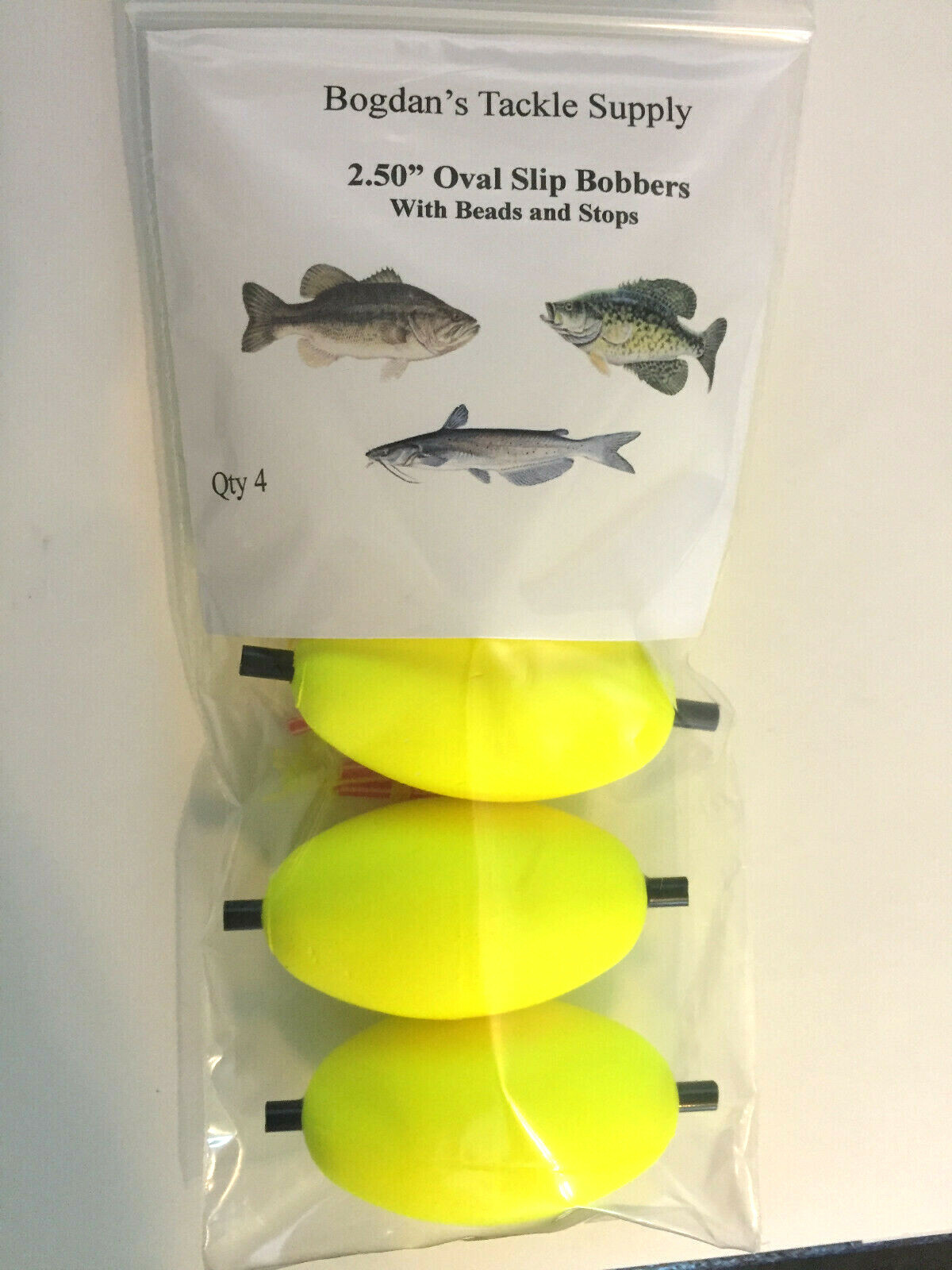 4pk 2.50" Yellow Slip Bobber, Oval, beads & bobber stops. Panfish,Bass,Catfish