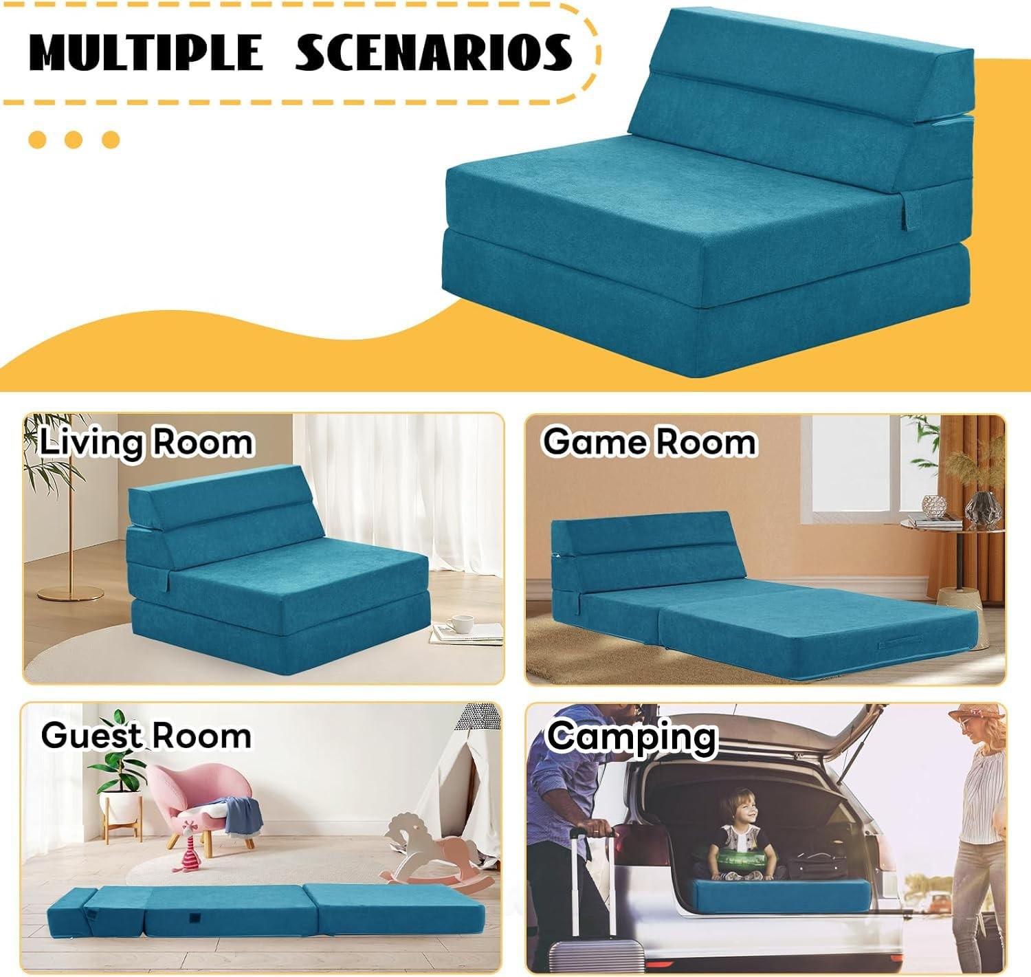 Foldable Sofa Bed, Convertible Sleeper Lounge Chair Floor Mattress Floor Couc...