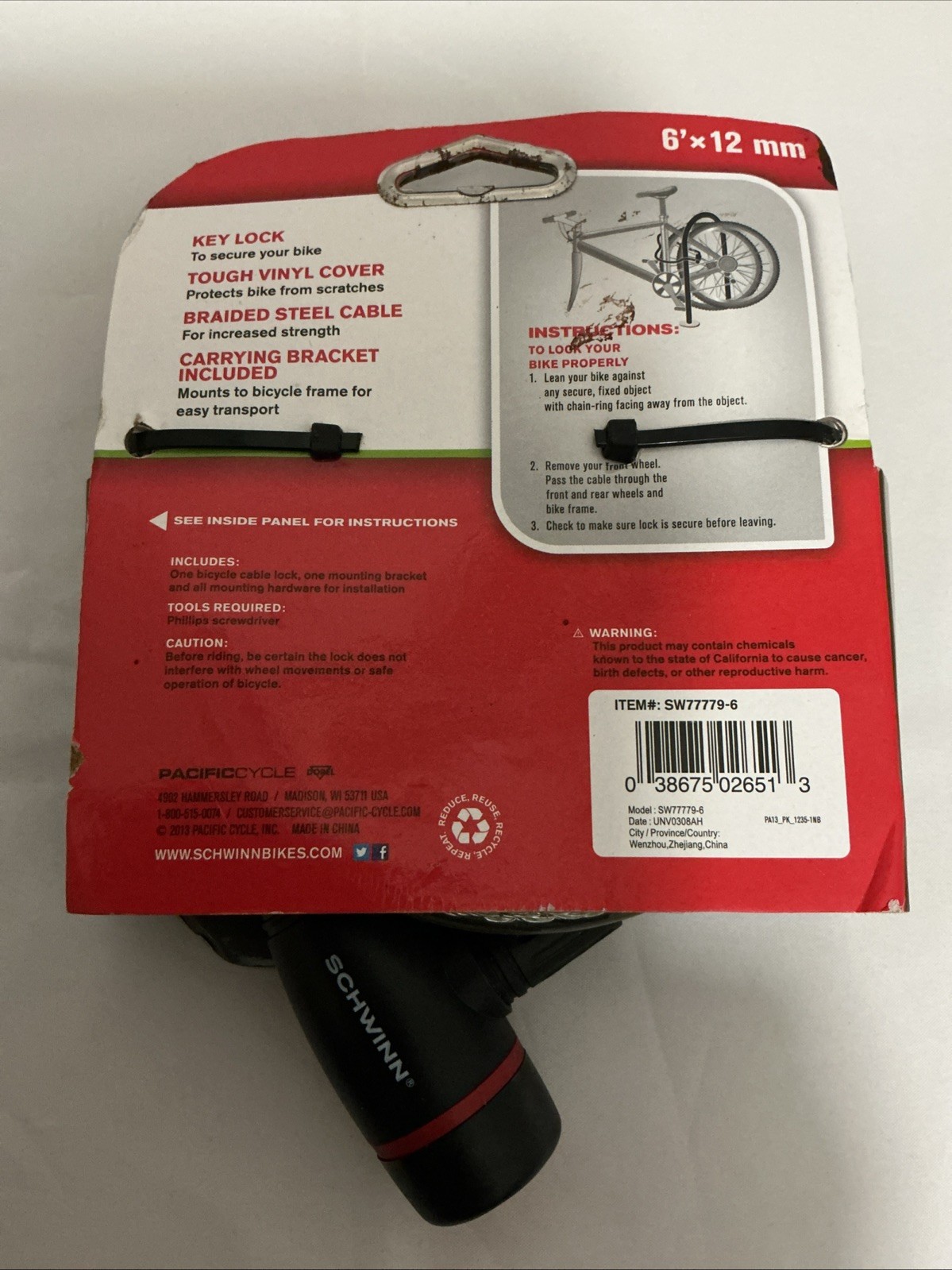 Schwinn Bicycle Lock Braided Steel Cable 2 Keys 6 feet x 12 mm Carrying Bracket