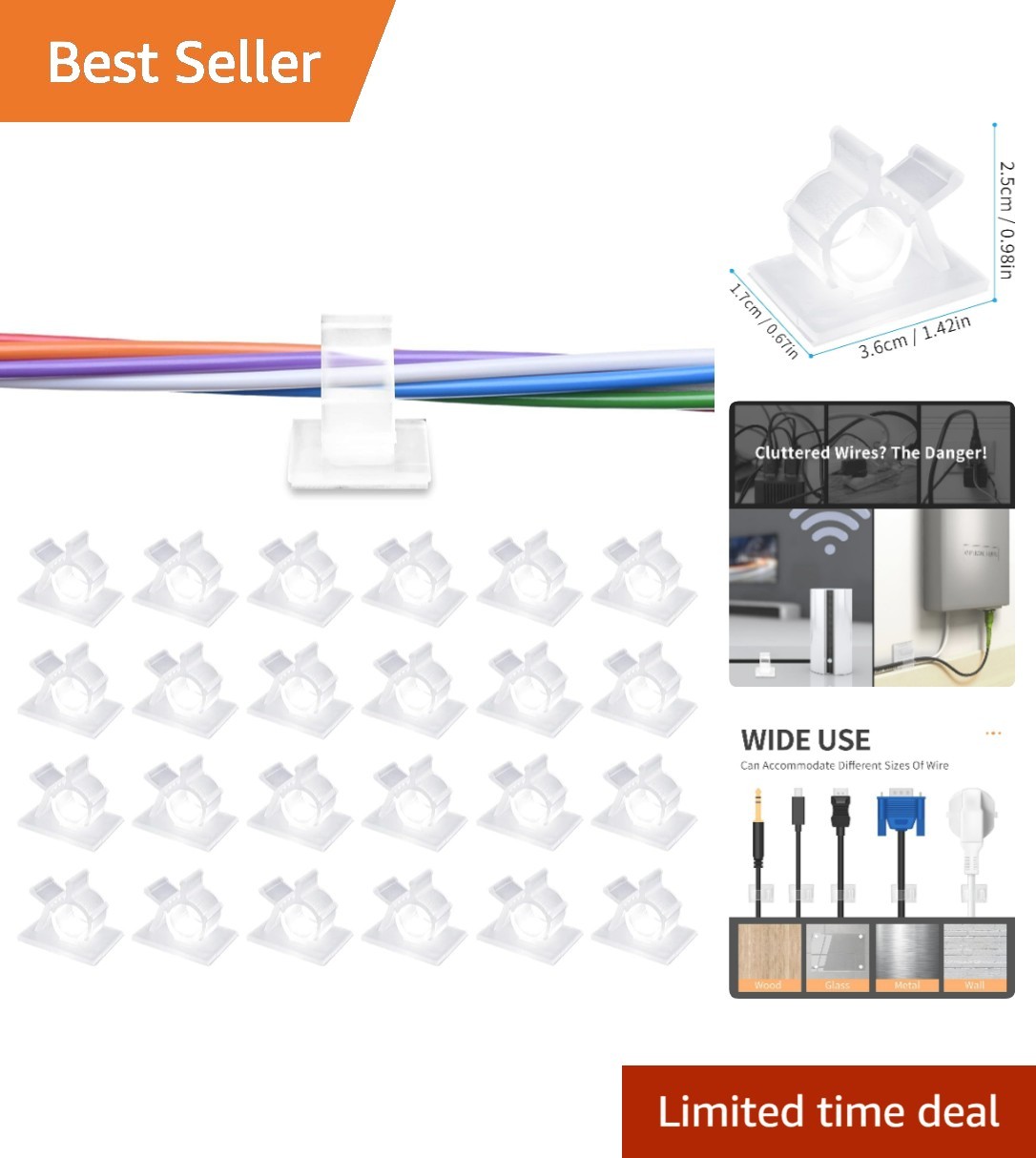 30 Pack Clear Self-Adhesive Cable Clips for Easy Wire Management - Fits 0.5 Inch