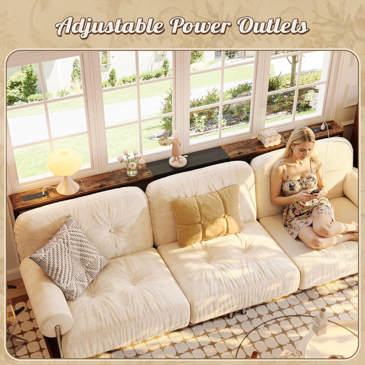 Narrow Sofa Table with 2 Power Outlets, 86.6-110.2 Inch Adjustable Length, behin