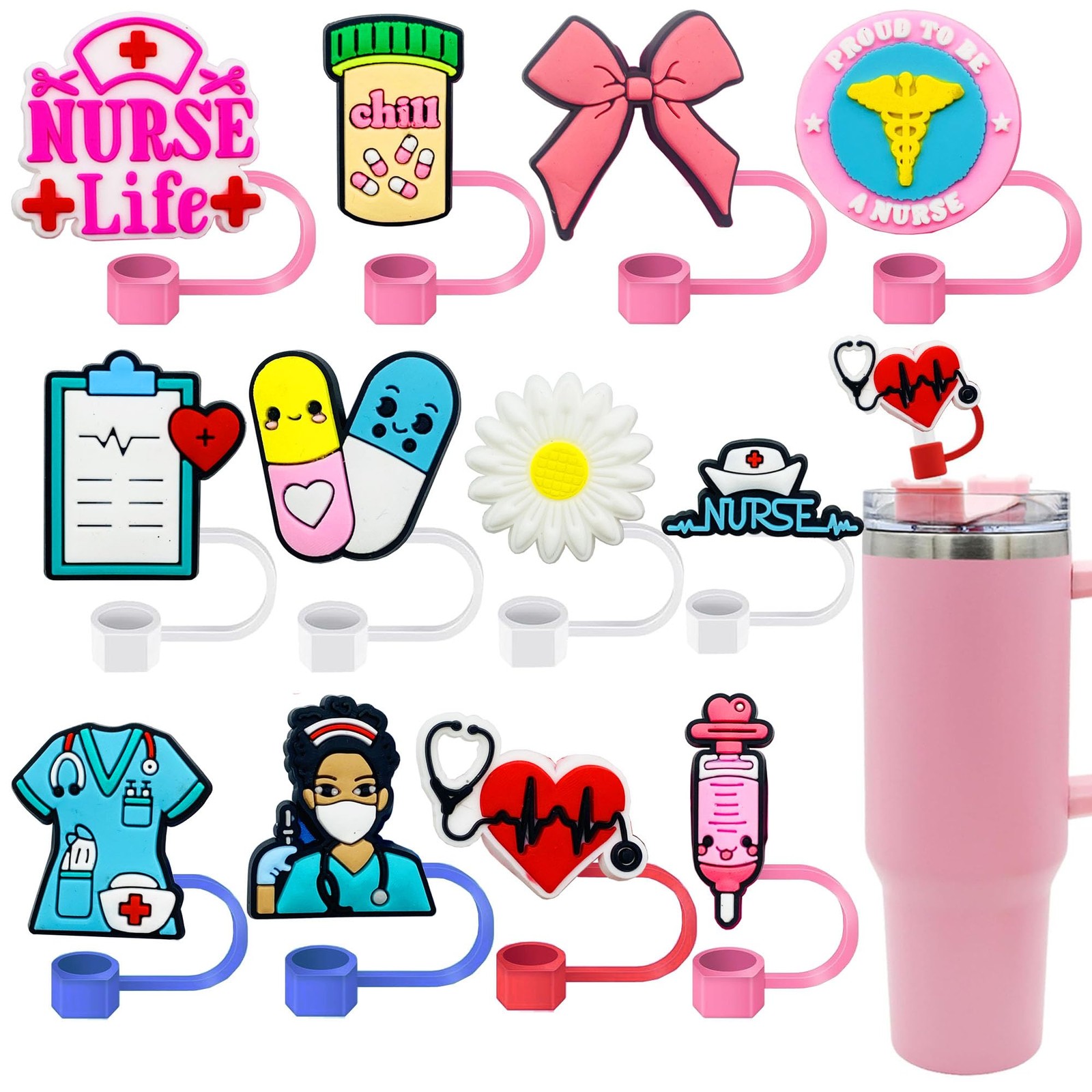 Straw Toppers for Stanley Cups,12pcs Nurse Straw Covers