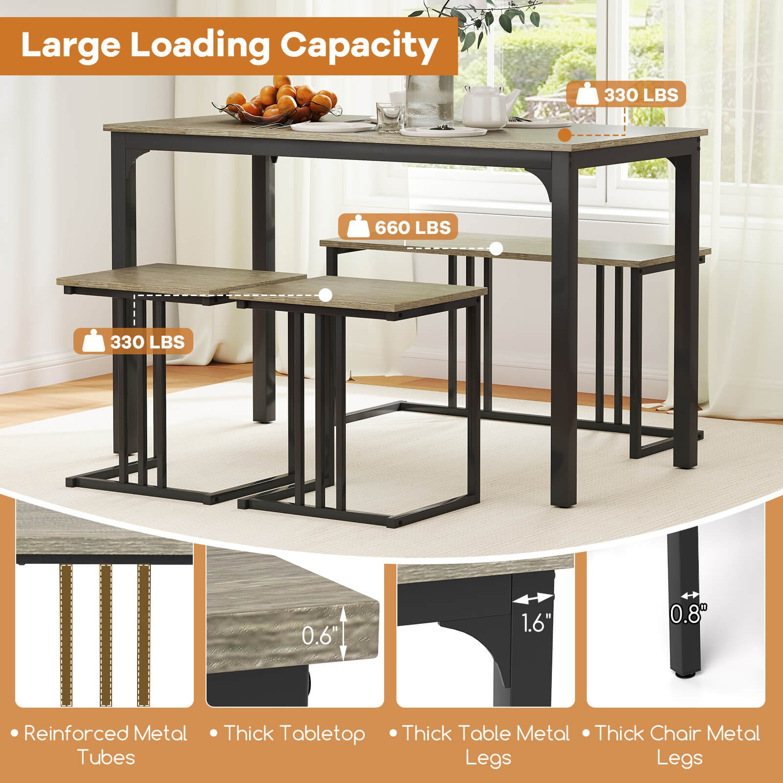 4-Piece Dining Table Set w/ Table & Bench & 2 Stools Office, Kitchen, Living