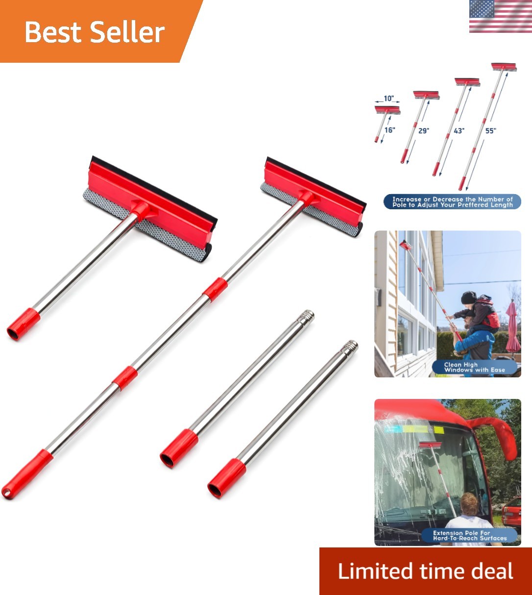 Compact Window Cleaning Kit: 2-in-1 Squeegee & Extension Pole for High Windows