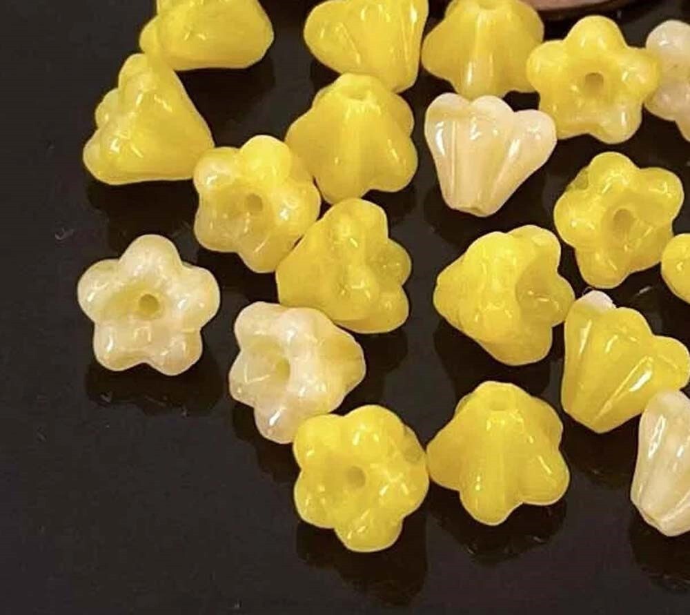 25 Czech Glass Baby Bell Flower Beads - Opaque Coral Lemon 6x4mm