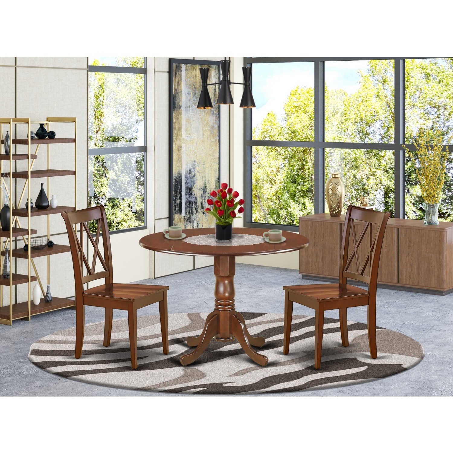 East West Furniture  DLCL3-MAH-W 3PC Round 42 inch Table with Two 9-Inch Drop Le