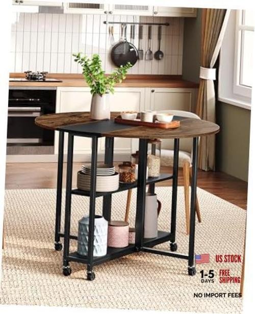 Folding Dining Table, Kitchen Table with 6 Wheels, Folding Round Table with 2