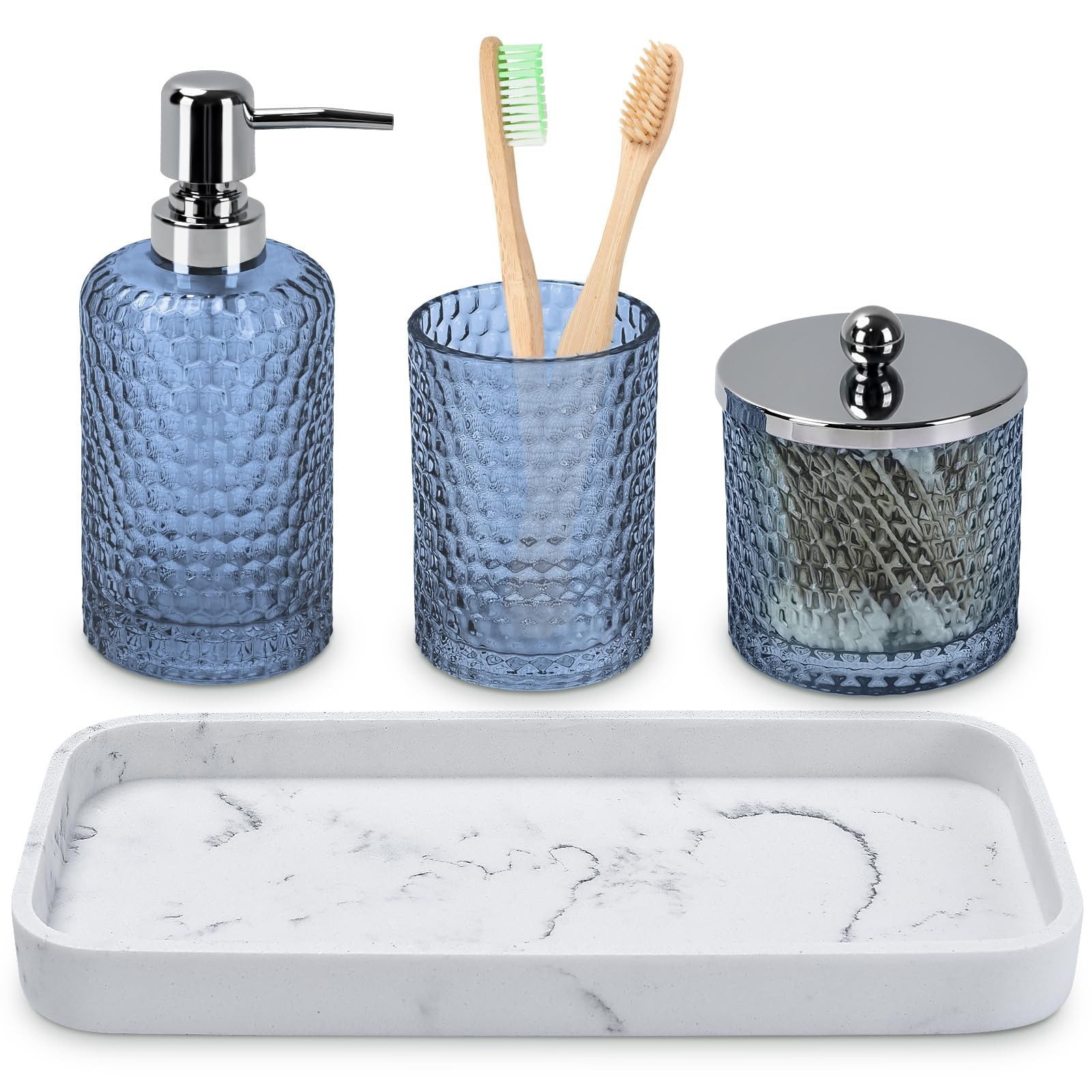 Bathroom Accessories Set,4 Pcs Blue Glass Bathroom Accessories Sets-Lotion So...