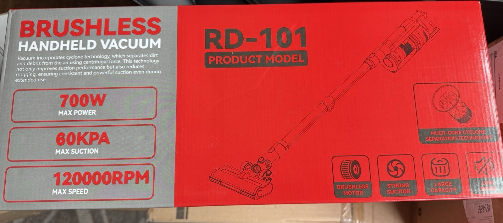 Brushless Cordless Stick Vacuum RD-101, 700W, Strong Suction, Floor Brush, Red
