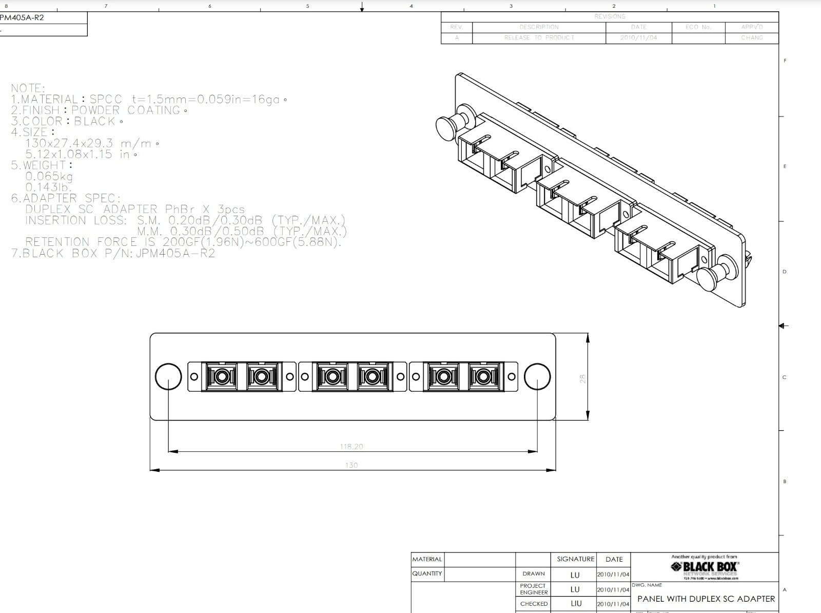 BLACK BOX JPM405A-R2 3 DUPLEX SC PAIRS FIBER ADAPTER PANEL [B8BD]