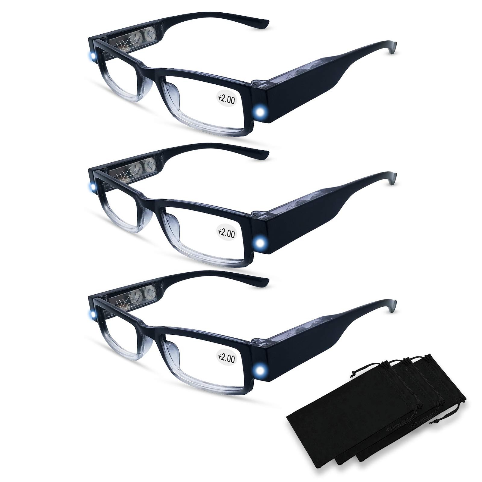 DuanMei 3 Pack Reading Glasses with Lights and Magnifier +200, Black