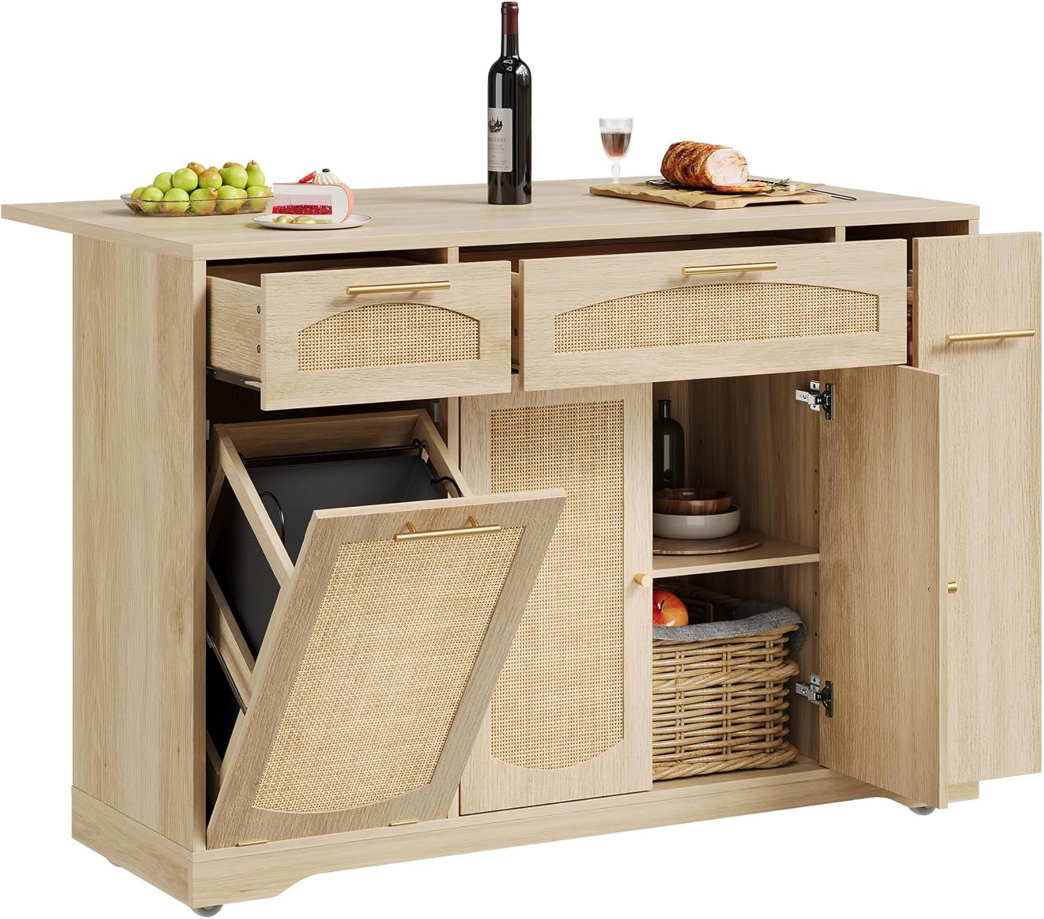 Natural Rattan Kitchen Island Cart with Storage, Drop Leaf & Rolling Wheels