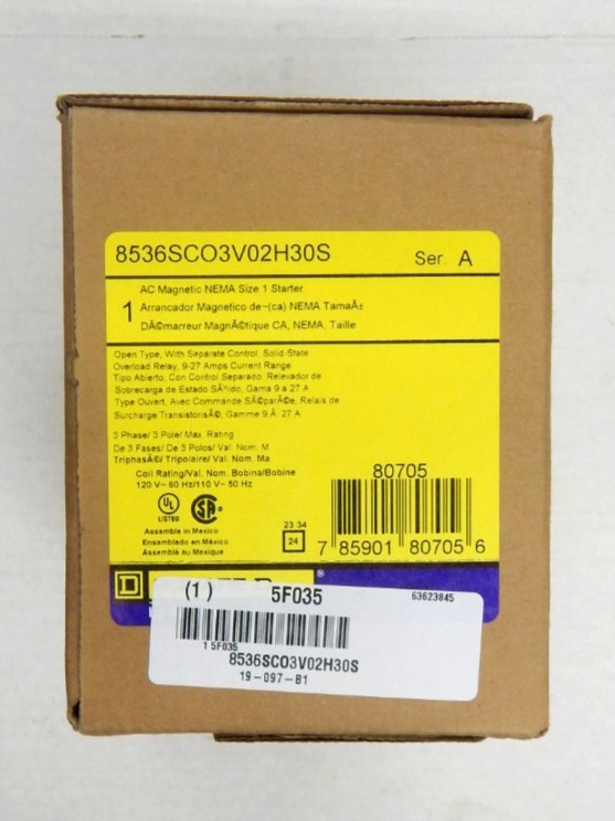 Square D 8536SCO3V02H30S Nema Size 1 Starter 3Ø 120v coil 10HP@480v 9-27 Amp NEW