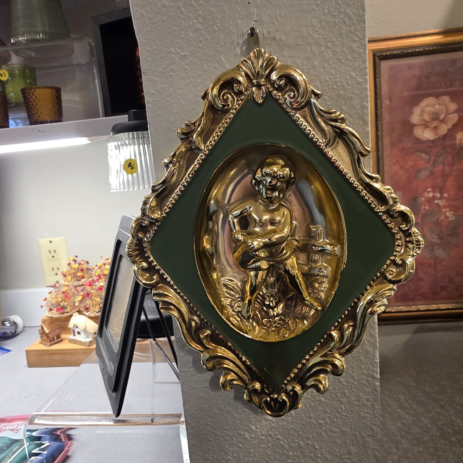 Vintage Mid-Century Ardco Japan Green/Gold Cherub Wall Hangings Set of 4