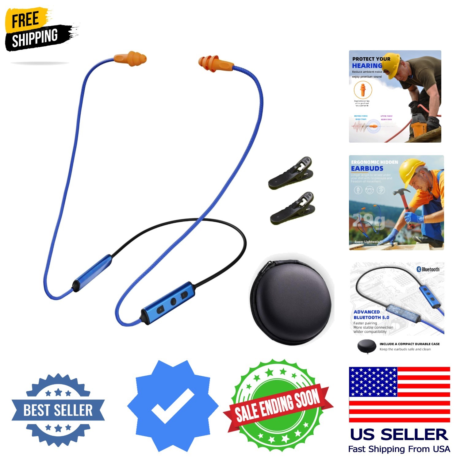Ear Plugs Bluetooth Headphones for Work, Neckband Wireless Earbuds, Noise Red...